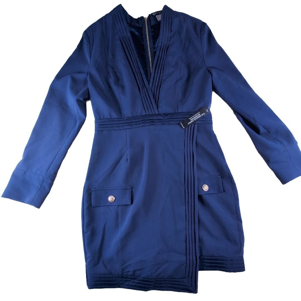 Venus Navy Blue Plunge Neck Mini Dress With Gold Tone Buttons‎ Size 8